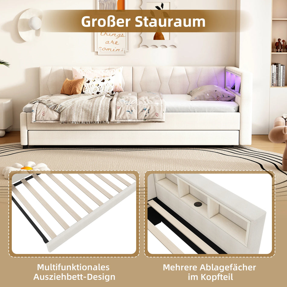 Дневно легло 90x200 см Разтегателен диван Съхранение USB Тип C Дистанционно LED