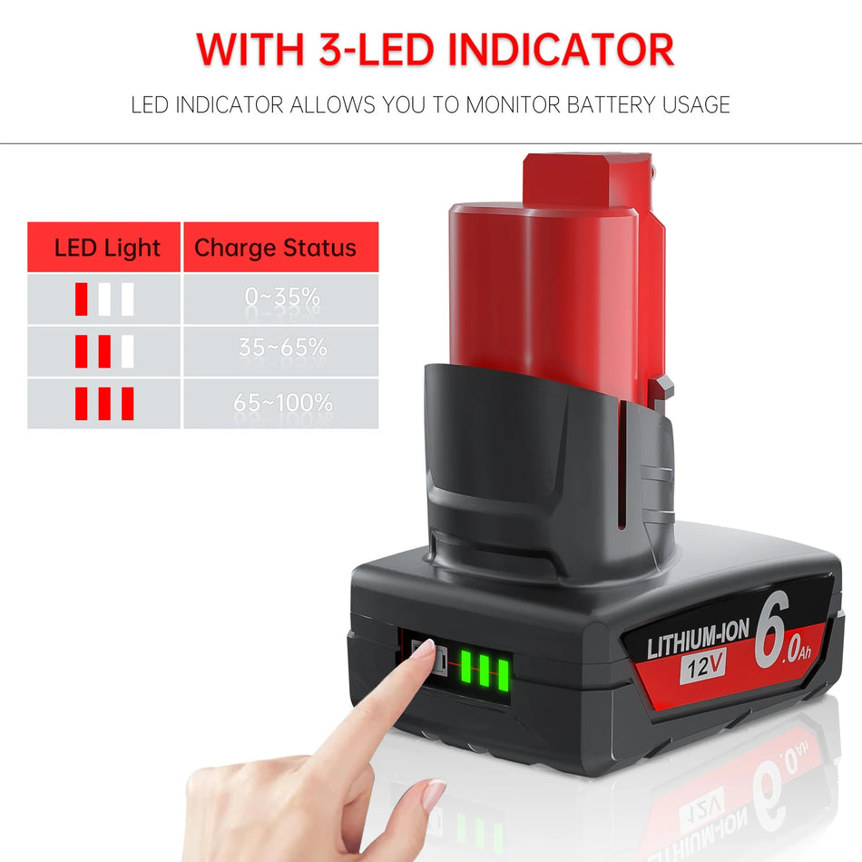Milwaukee M12 12V 6000mAh zamjenska baterija s LED svjetlom
