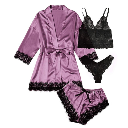Women's Sexy Lace Satin Pajama Set - 4 Piece Sleepwear Collection Purple / M