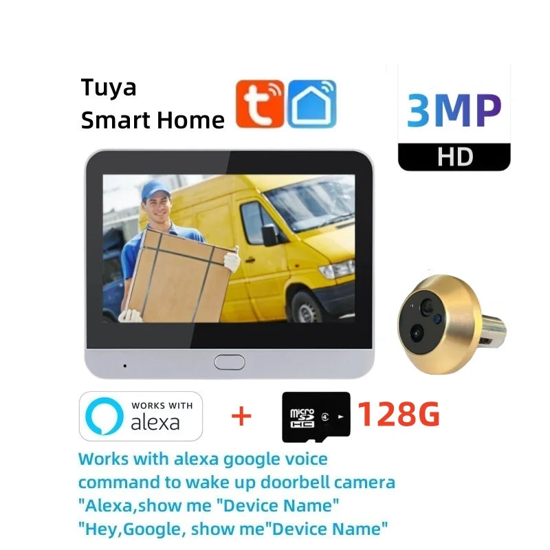 Smart Life Peephole Camera &ndash; 3MP Night Vision Security Viewer Alexa Cam 128G