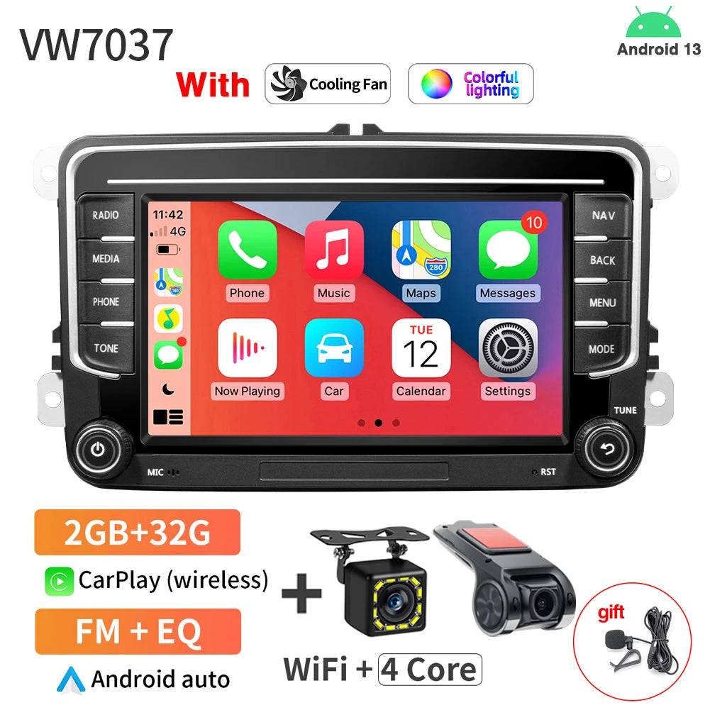 7Inch Car Radio VW Passat Tiguan GOLF - CarPlay GPS 2 32G DVR 12LED MIC