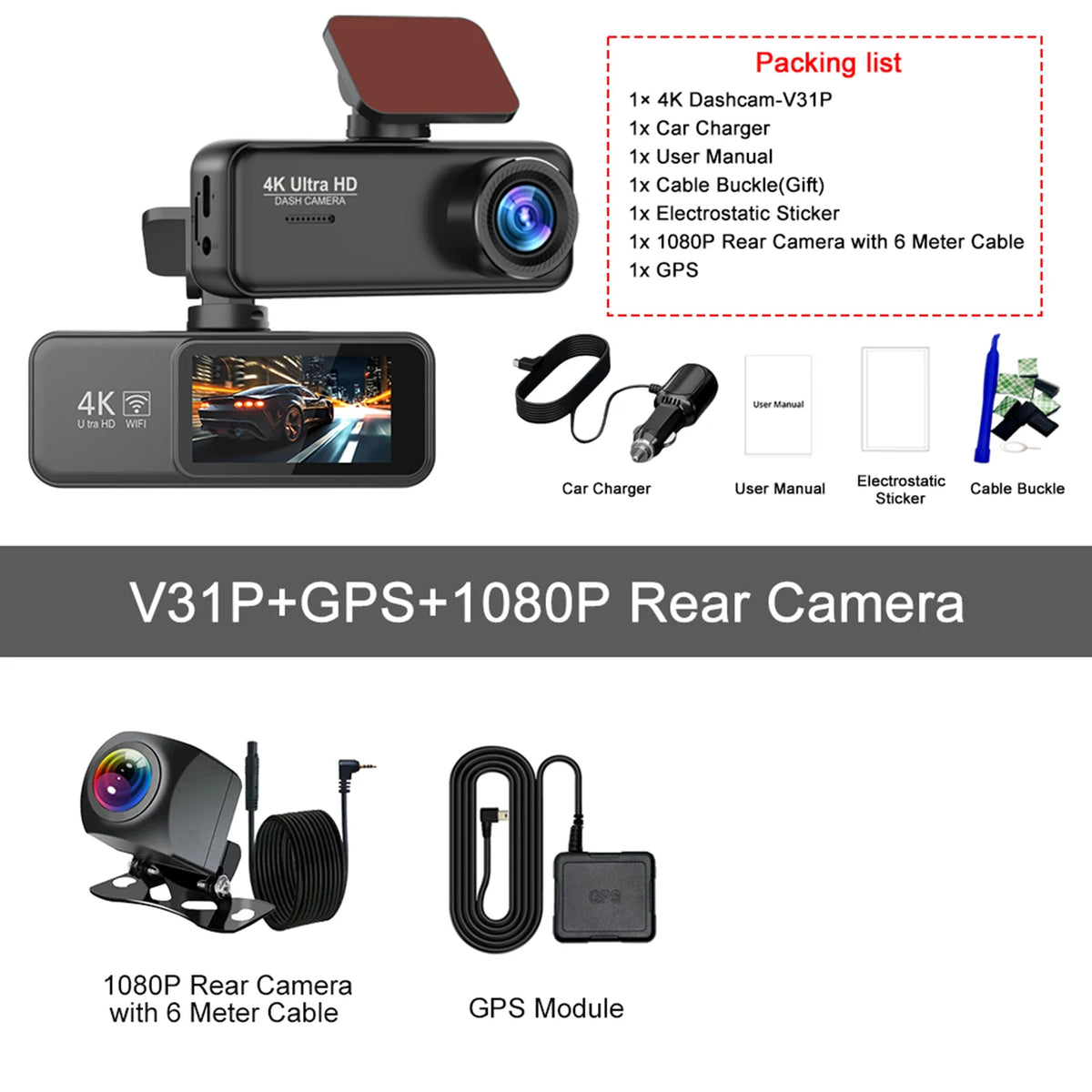 Kocam 4K Dash Cam Front and Rear &ndash; Dual Channel Night Vision Recording V31P-GPS-6M RCC / 128G