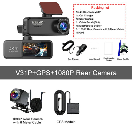 Kocam 4K Dash Cam Front and Rear &ndash; Dual Channel Night Vision Recording V31P-GPS-6M RCC / 128G