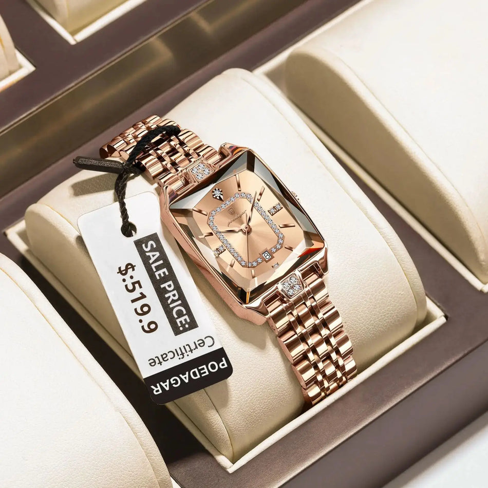 Luxe Dames Rechthoek Horloge RVS Diamanten Wijzerplaat Datum Waterdicht