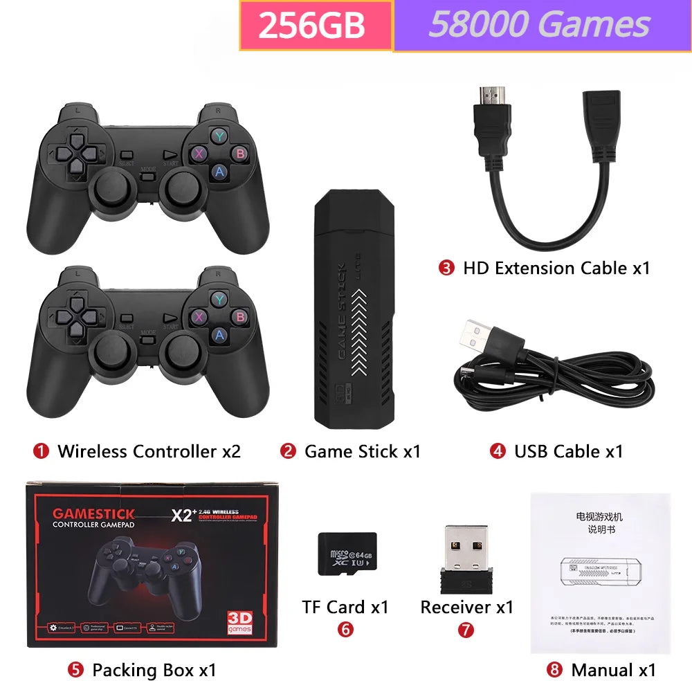 GD10 Plus Game Stick 4K HD Console with 58,000 Games &amp; Wireless Controllers 256GB