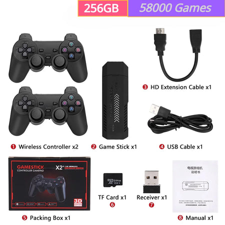 GD10 Plus Game Stick 4K HD Console with 58,000 Games &amp; Wireless Controllers 256GB
