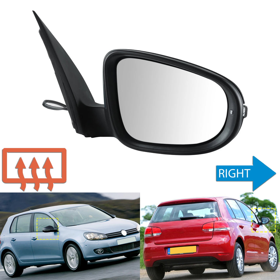 VW Golf MK6 2009-2013 Right Hand Heated Wing Door Mirror Black Primed Rearview