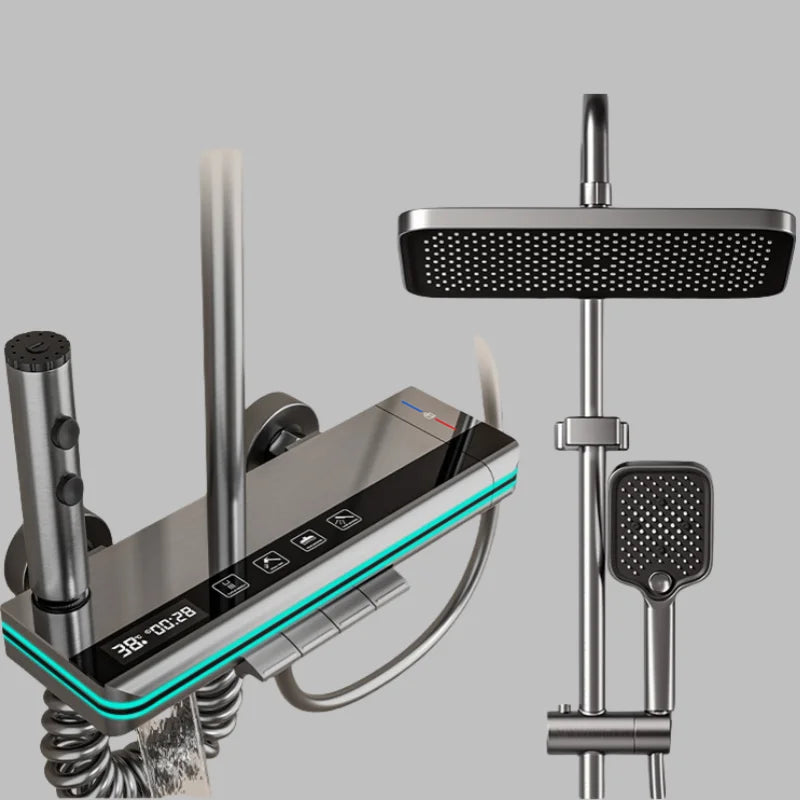 Sprchová baterie s digitálním zobrazením teploty, mosazné tělo, chromový povrch, kompletní sada