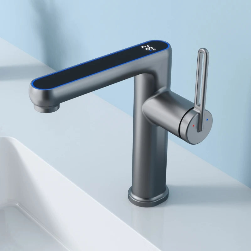2 Läge Temperaturvisning Handfat Blandare LED Ljus Sprayer Varm Kall Vatten Diskbänk Mixer Tvättkran Enkelt Hål För Badrum