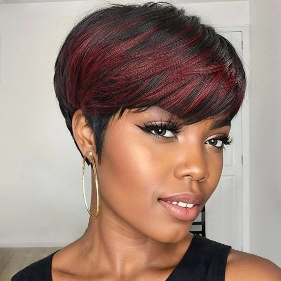 Glueless Short Pixie Cut Wig with Bangs - Black with Brown Layers