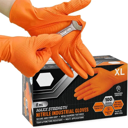 Heavy Duty Orange Nitrile Gloves 8Mil &ndash; Diamond Textured Grip for Mechanic Safety