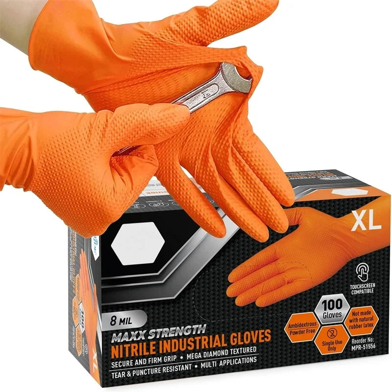 Heavy Duty Orange Nitrile Gloves 8Mil &ndash; Diamond Textured Grip for Mechanic Safety