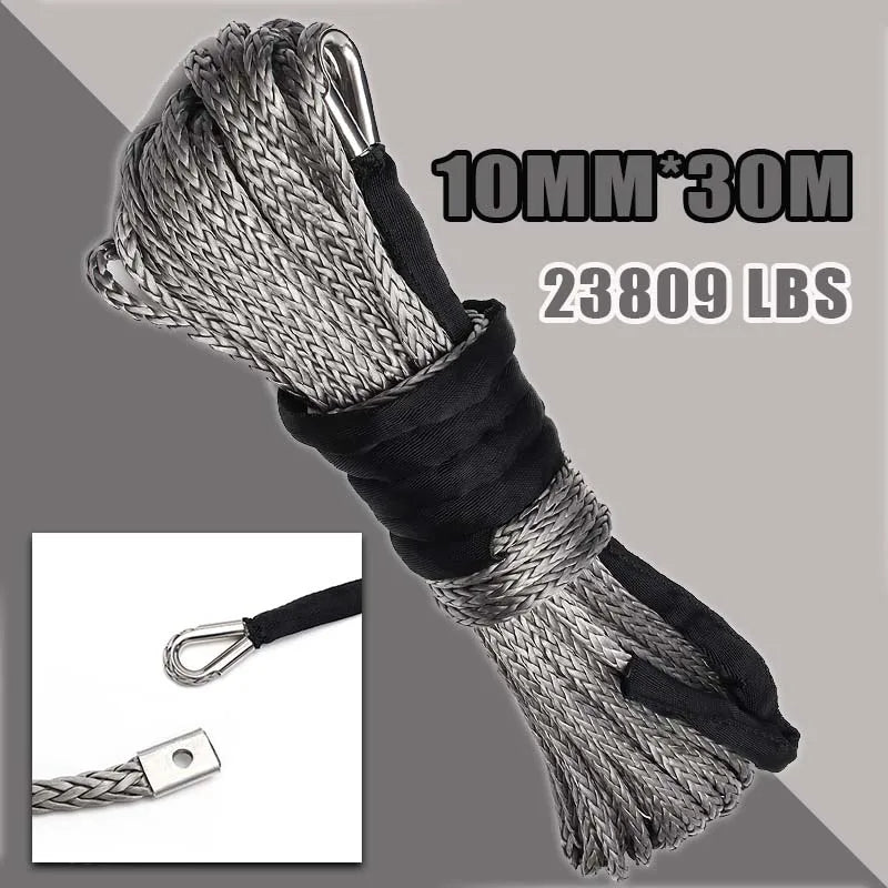 Sfoară Sintetică pentru Winch 10mm x 30m pentru ATV 4WD, 23000LBS Rezistentă Gri