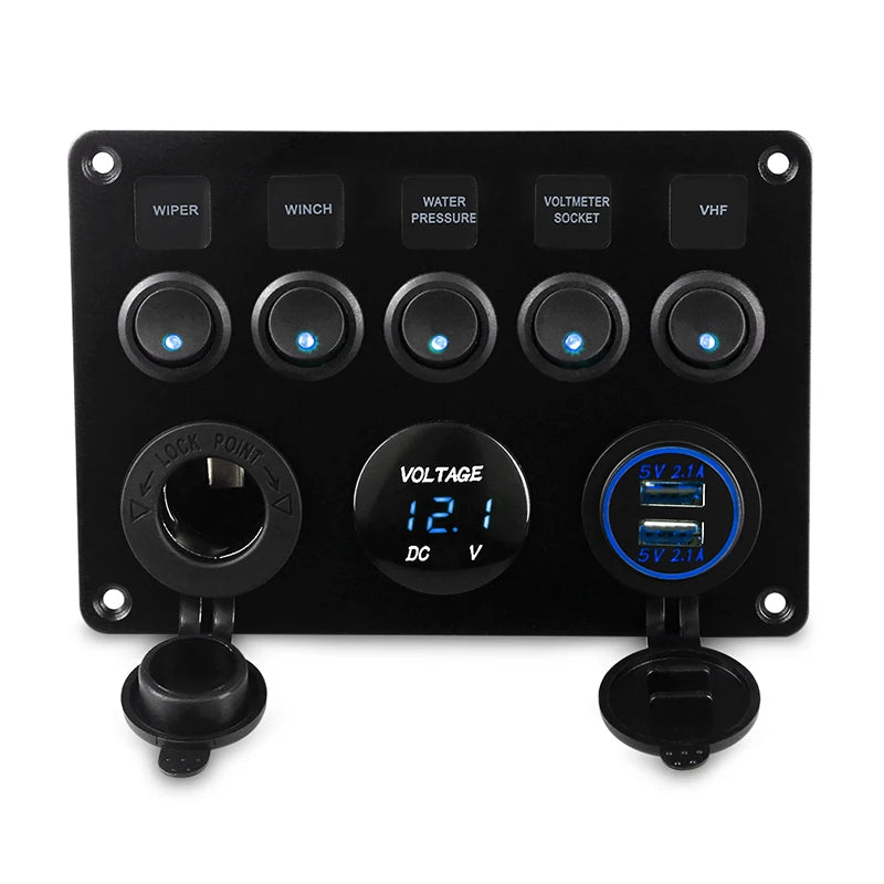 5 Gang Marine Boat Switch Panel &ndash; LED Waterproof Voltmeter Blue A