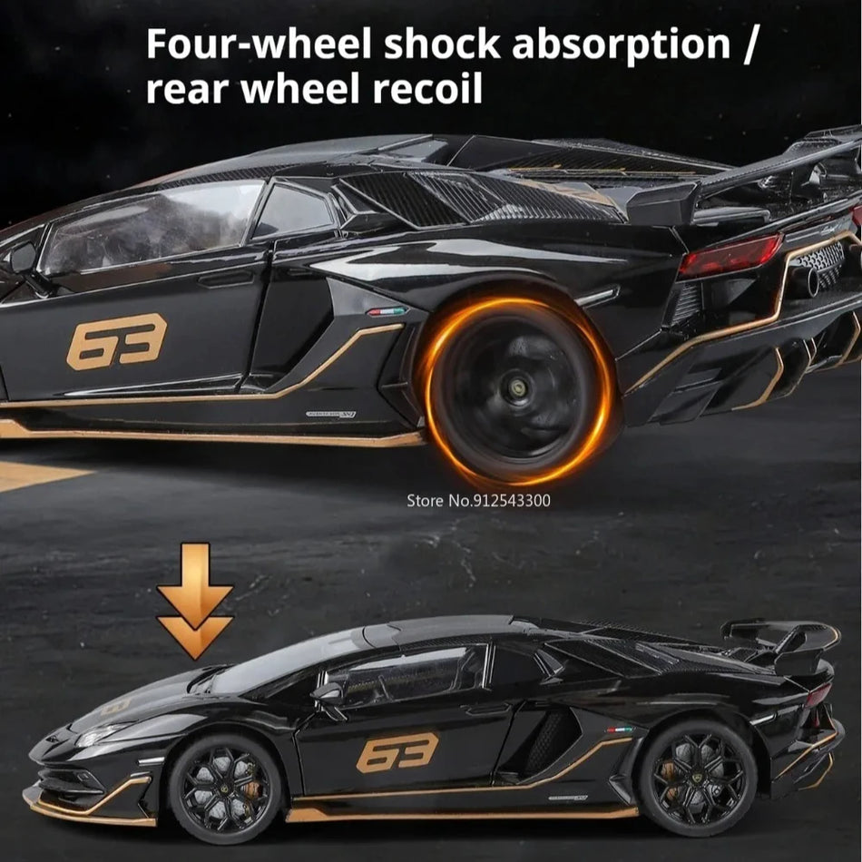 1:24 Metāla superauto modeļa rotaļlieta ar sakausējuma korpusu, izsmalcinātu interjeru, atveramām durvīm, atpakaļ velkamu.