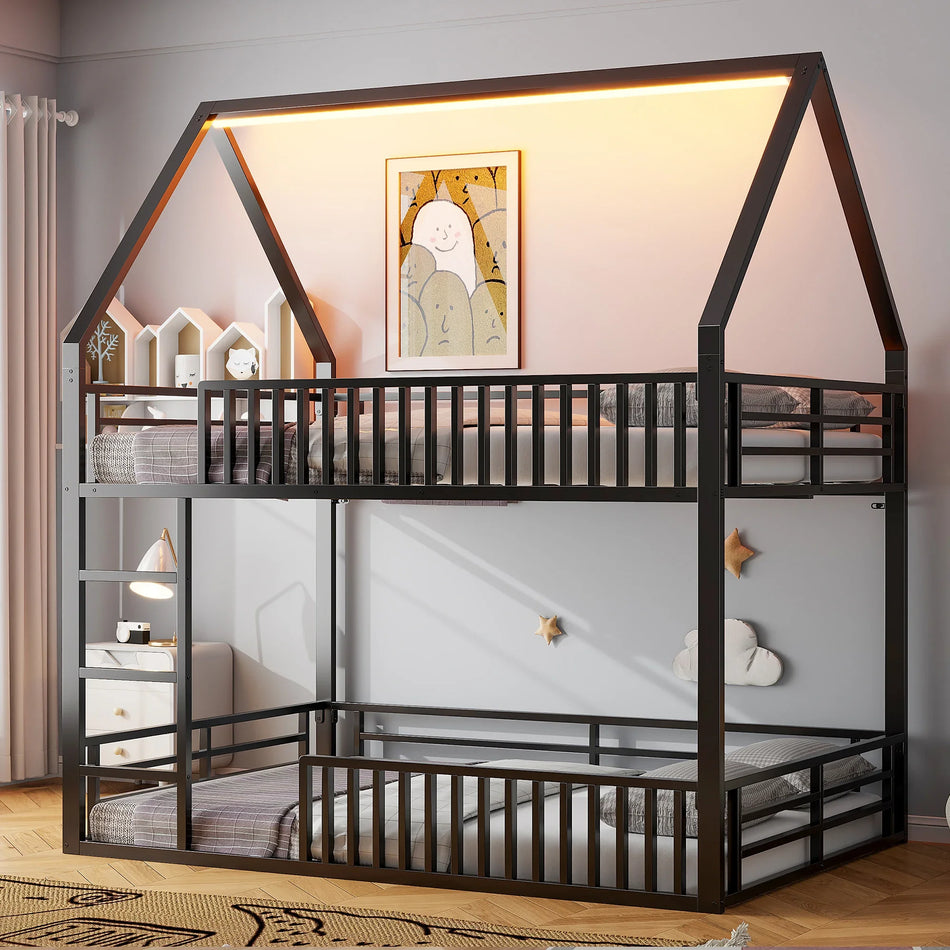 Hus Bunk Bed Med Staket Och LED-lampa Svart 140x200 EU
