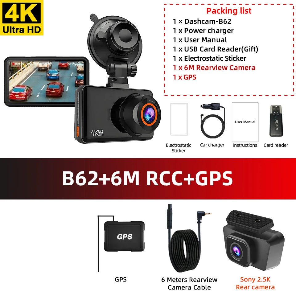 ACCEO Dashcam 4K+2.5K Car DVR &ndash; Dual Channel WiFi GPS B62-6M RCC-GPS / 256G