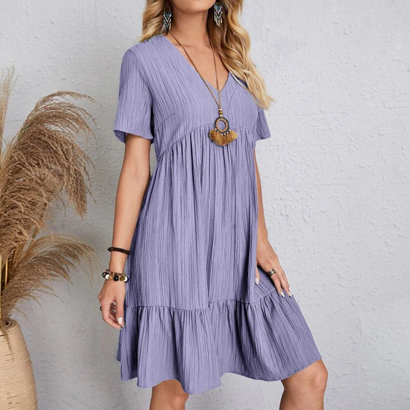 Elegant A-Line Mini Dress with V-Neck and Short Sleeves for Summer