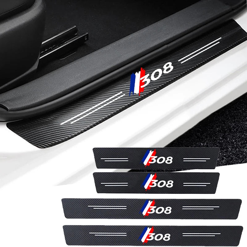 Ochranný prah dverí s logom, uhlíkové vlákno s PU koženými akcentmi pre Peugeot 308