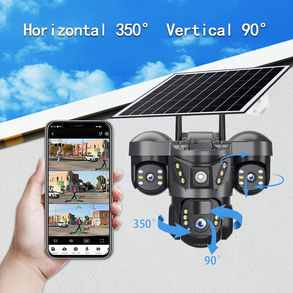 15MP WIFI Solar Camera Triple Lens Triple Screen Two-Way Audio Outdoor IP66 Waterproof HD Security CCTV Wireless Network Camera