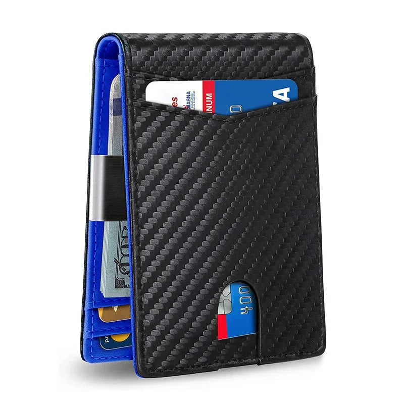 DIENQI Black Carbon Fiber Slim Leather Wallet for Men - Perfect Father's Day Gift Carbon Blue