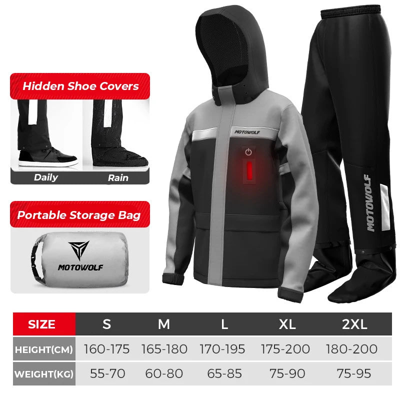 KEMITOUR Summer Motorcycle Raincoat &ndash; LED Alert Rain Gear Black Grey LED / S / CHINA