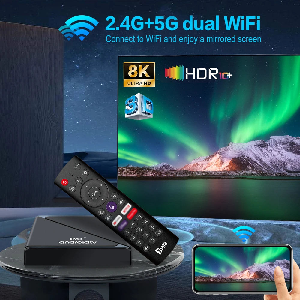 MYSTB 2.4G&amp;5G Dual WiFi Android 14 Quad Core TV Box with Voice Remote Control