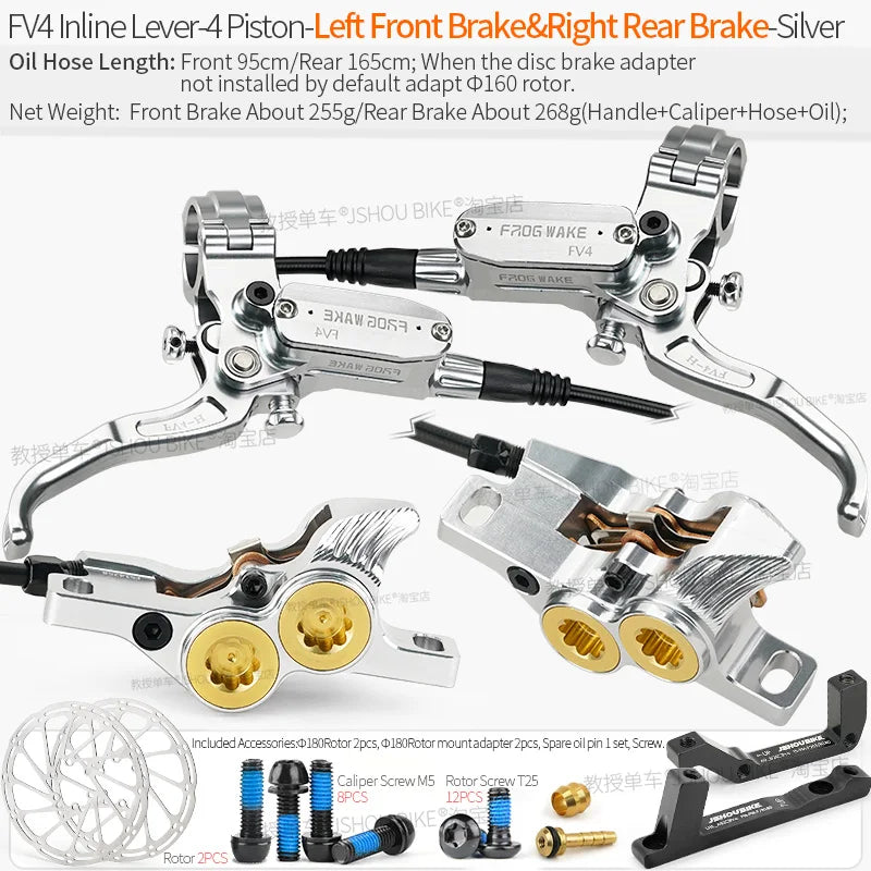 Frog Wake MTB Hydraulic Disc Brake Kit - 4 Piston Superior Stopping Power LF-RR Silver