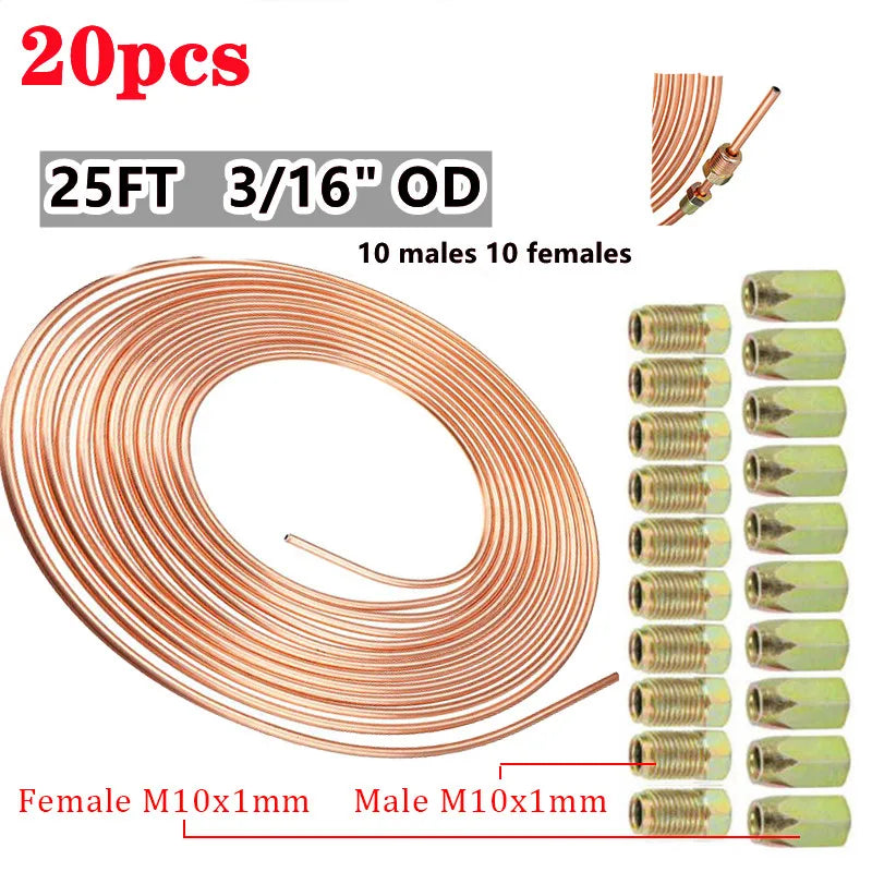 Hulit Copper Brake Line Tubing Kit Fittings for 25ft, 3/16in OD, Anti-Rust