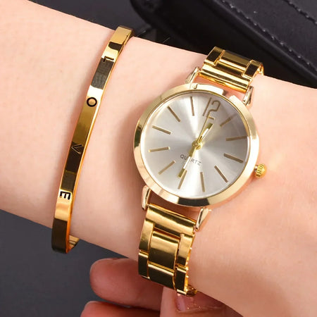 Luxury MOONBIFFY Ladies Quartz Bracelet Watch Set Gold set