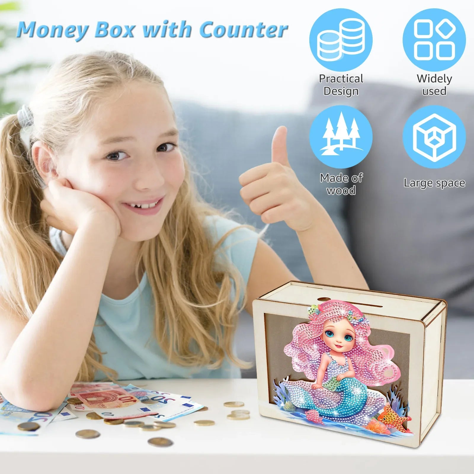 DIY Mermaid/Unicorn Wooden Piggy Bank with Diamond Painting &amp; Savings Goals