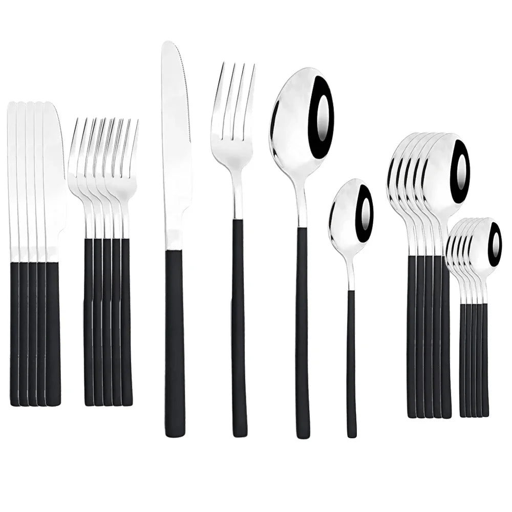 24Pcs Stainless Steel Cutlery Set &ndash; Eco-Friendly Dinnerware for Six Black Silver