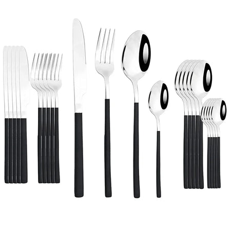 24Pcs Stainless Steel Cutlery Set &ndash; Eco-Friendly Dinnerware for Six Black Silver