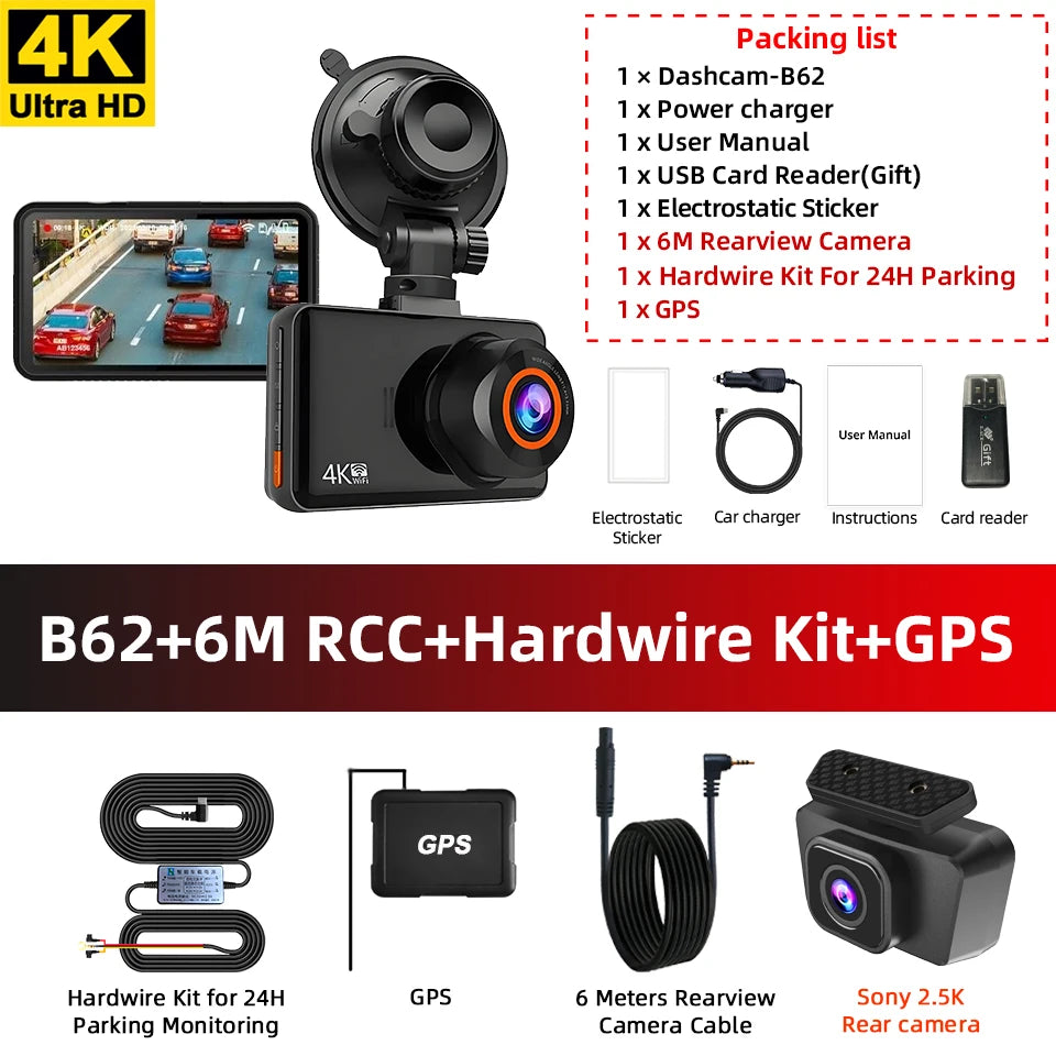 ACCEO Dashcam 4K+2.5K Car DVR &ndash; Dual Channel WiFi GPS B62-6M RCC-KIT-GPS / None