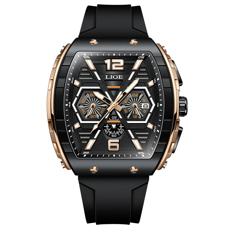 LIGE Luxury Square Casual Quartz Watch - 50M Waterproof Chronograph Rose gold black S