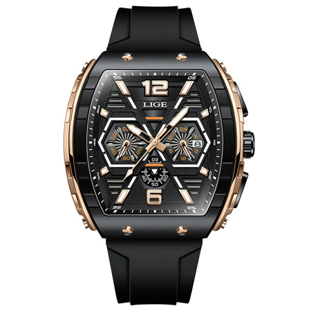LIGE Luxury Square Casual Quartz Watch - 50M Waterproof Chronograph Rose gold black S