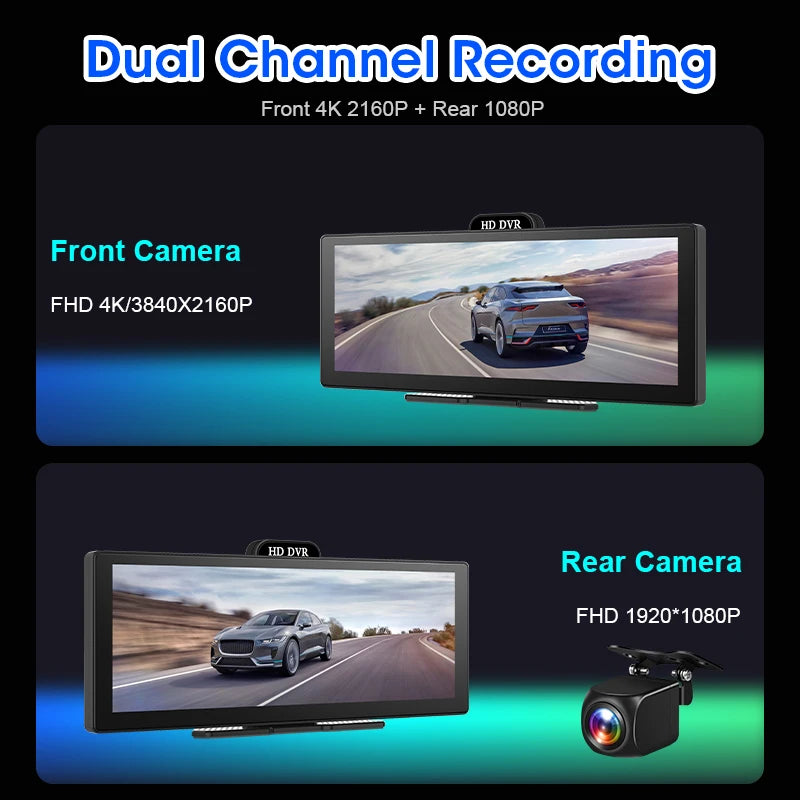 11.26 ιντσών 4K κάμερα ταμπλό καθρέφτη οπισθοπορείας με ασύρματο CarPlay Android Auto πλοήγηση διπλή κάμερα βίντεο καταγραφής