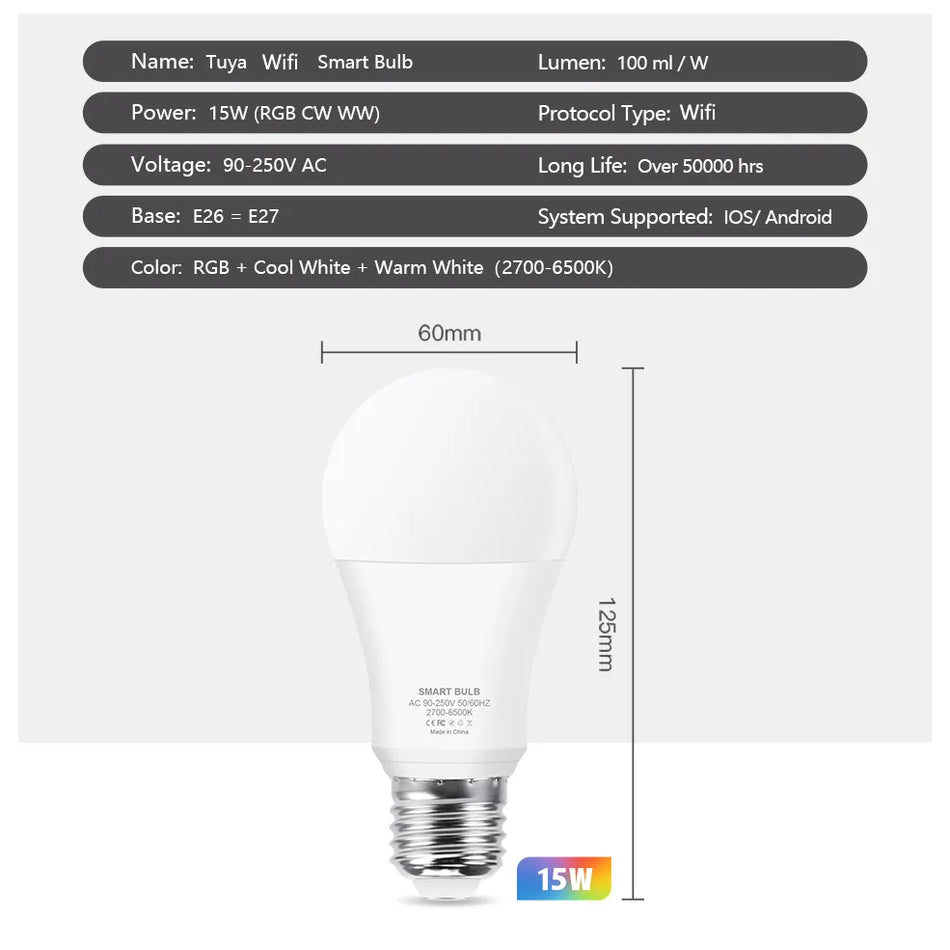15W WiFi Smart Led Light Bulb E27 LED RGBCW Smart Bulb Voice Control Via Google Home Tuya Smart Life App Alexa RGB Lamp 110-220V