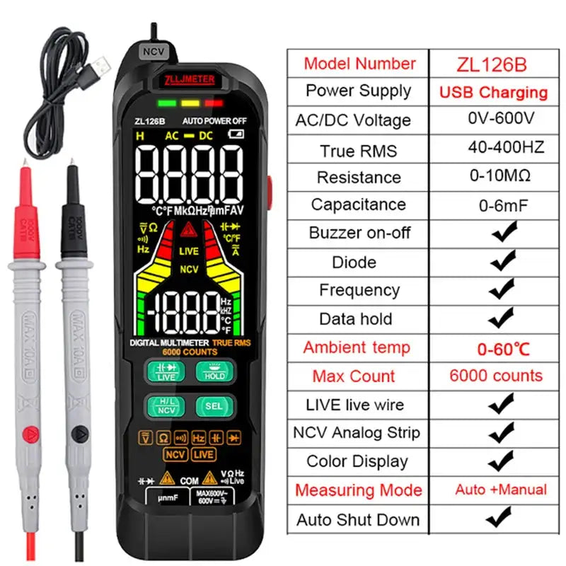 Professional Digital Multimeter 9999 TRMS LCD USB Tester ZL126B