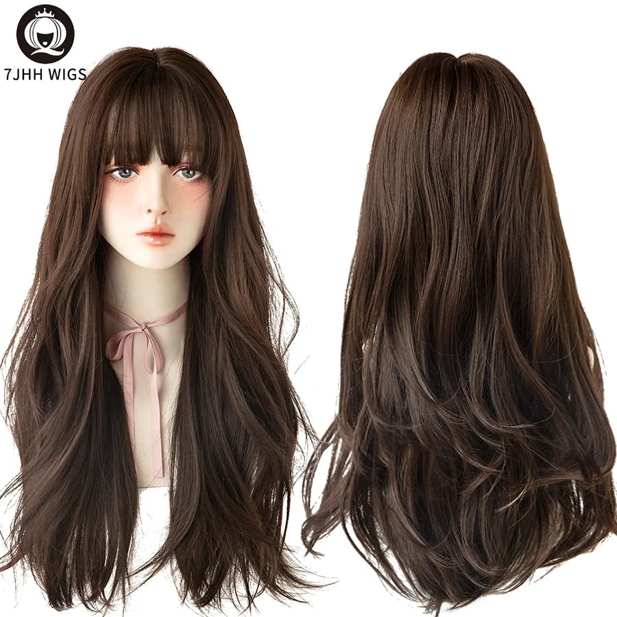 7JHH WIGS Brown Ash Long Deep Wave Wig with Bangs CT29-2