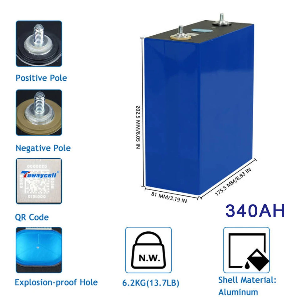Tewaycell Pacco Batteria LiFePO4 3.2V Quattro Pezzi Prismatico 340Ah 314Ah 280Ah Per Solare RV Barca Certificato CE