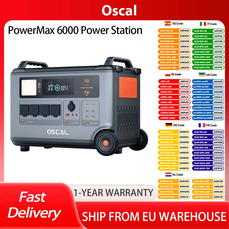 Oscal PowerMax6000 Stazione di Alimentazione Robusta 6000W Doppia 120V e 240V Batteria LiFePO4 3600Wh-57600Wh 3500 Cicli di Vita Solare