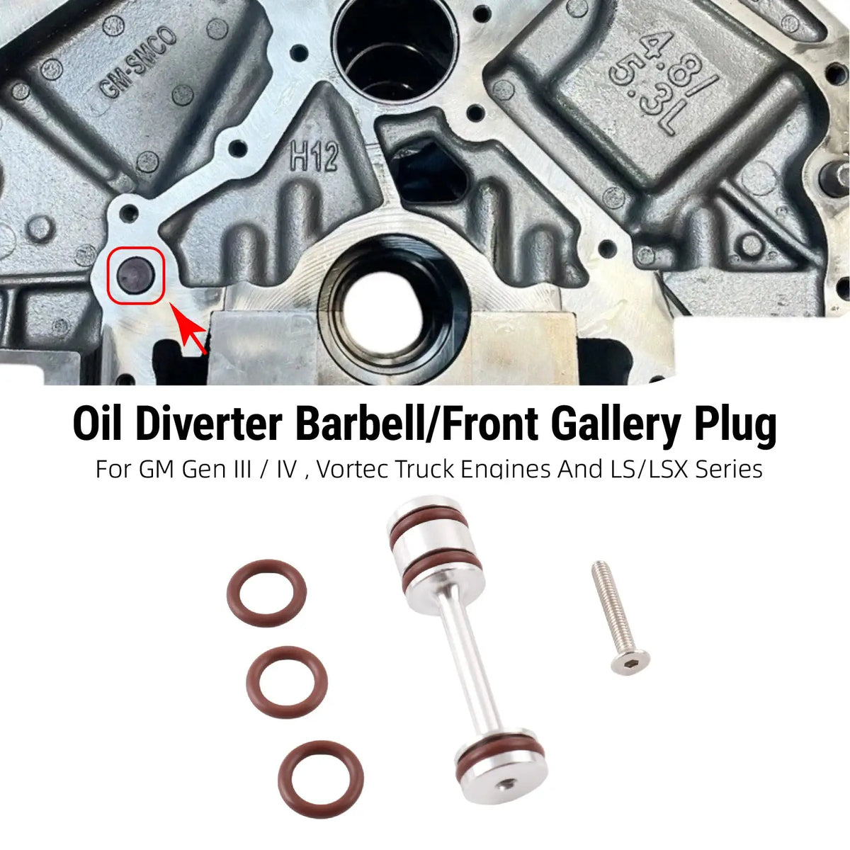 PIKBUK Billet Aluminum Oil Diverter Barbell & Front Gallery Plug Compatible with GM Gen III/IV For GM LS Engines W/FKM O Ring by InterCyprus Trading Ltd