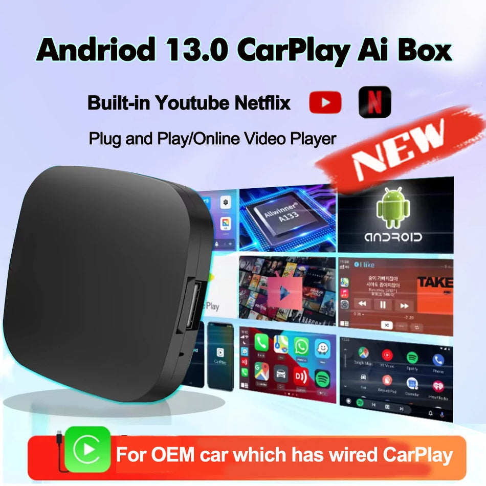 Nexflit Cars AI Box Android 13, Podłączony do CarPlay i Android Auto, Sklep Play