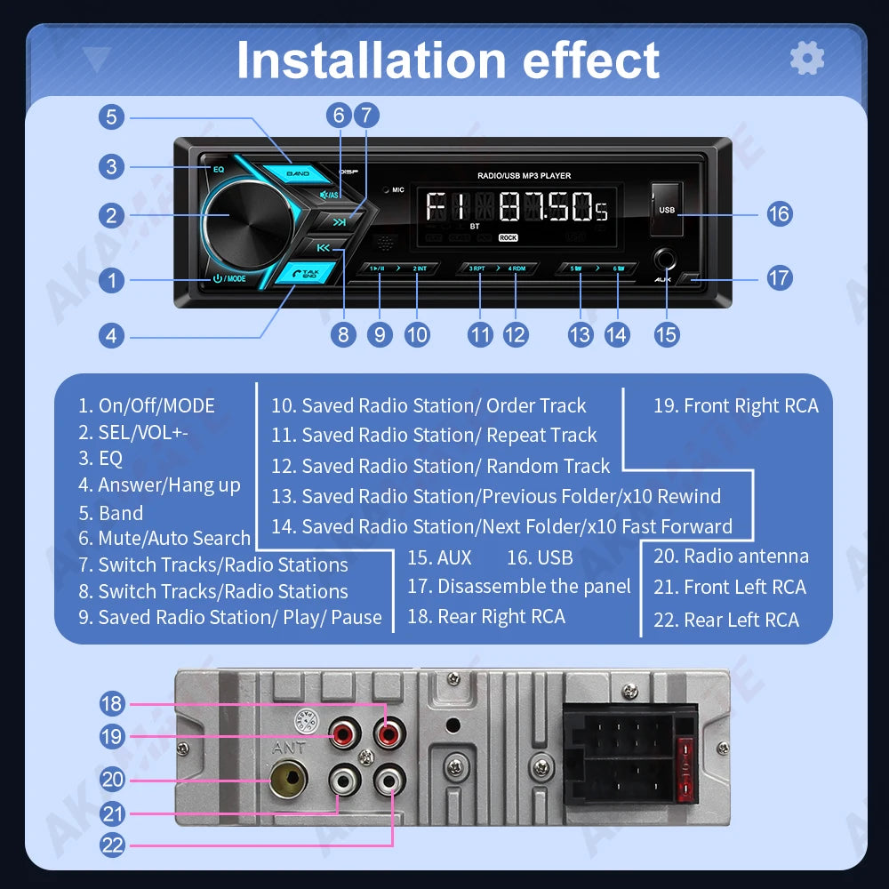 AKAMATE 1Din Car Radio MP3 Player &ndash; Bluetooth USB Charging