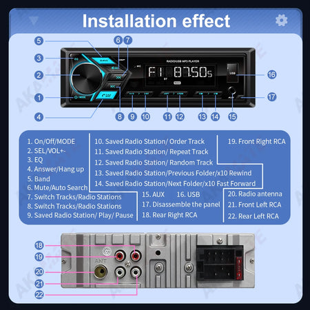 AKAMATE 1Din Car Radio MP3 Player &ndash; Bluetooth USB Charging