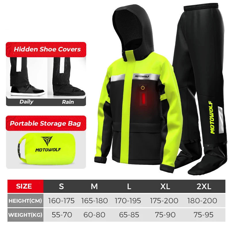 KEMITOUR Summer Motorcycle Raincoat &ndash; LED Alert Rain Gear Black Yellow LED / S / CHINA