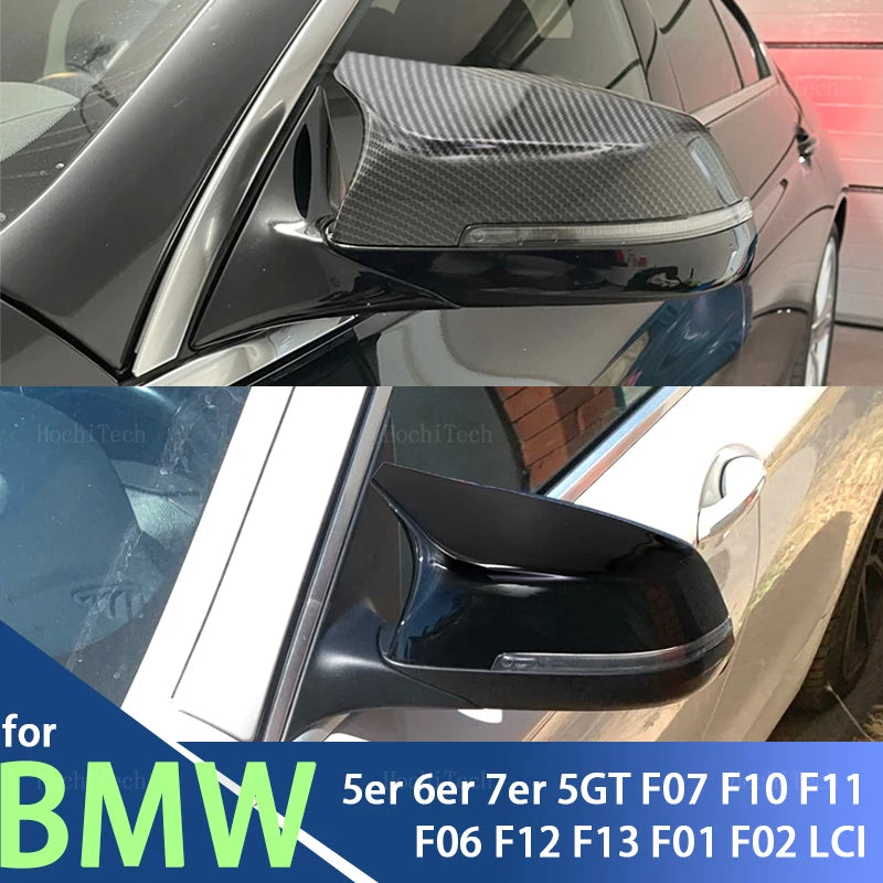 Juodi šoninio veidrodžio dangteliai anglies pluošto išvaizda BMW 5 6 7 serijos F10 F11 F01 F02 F07 F06