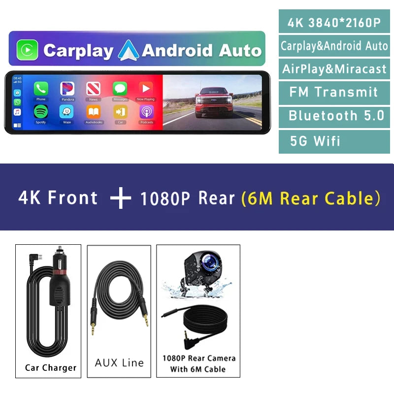 11.26 Inch 4K Car DVR Dash Cam - CarPlay Android Auto GPS 4K Front-6M / 128G
