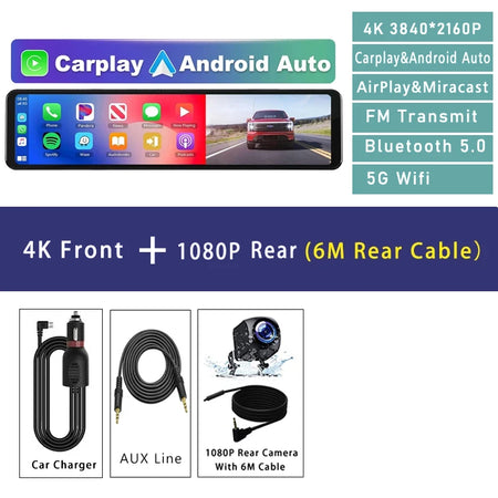 11.26 Inch 4K Car DVR Dash Cam - CarPlay Android Auto GPS 4K Front-6M / 128G